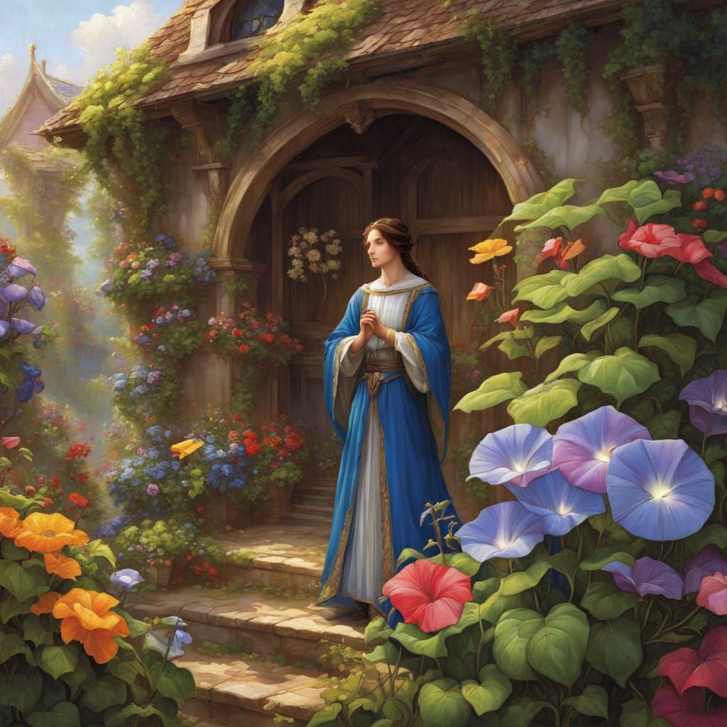 Cheerful Boy in a Fantasy Morning Glory Garden