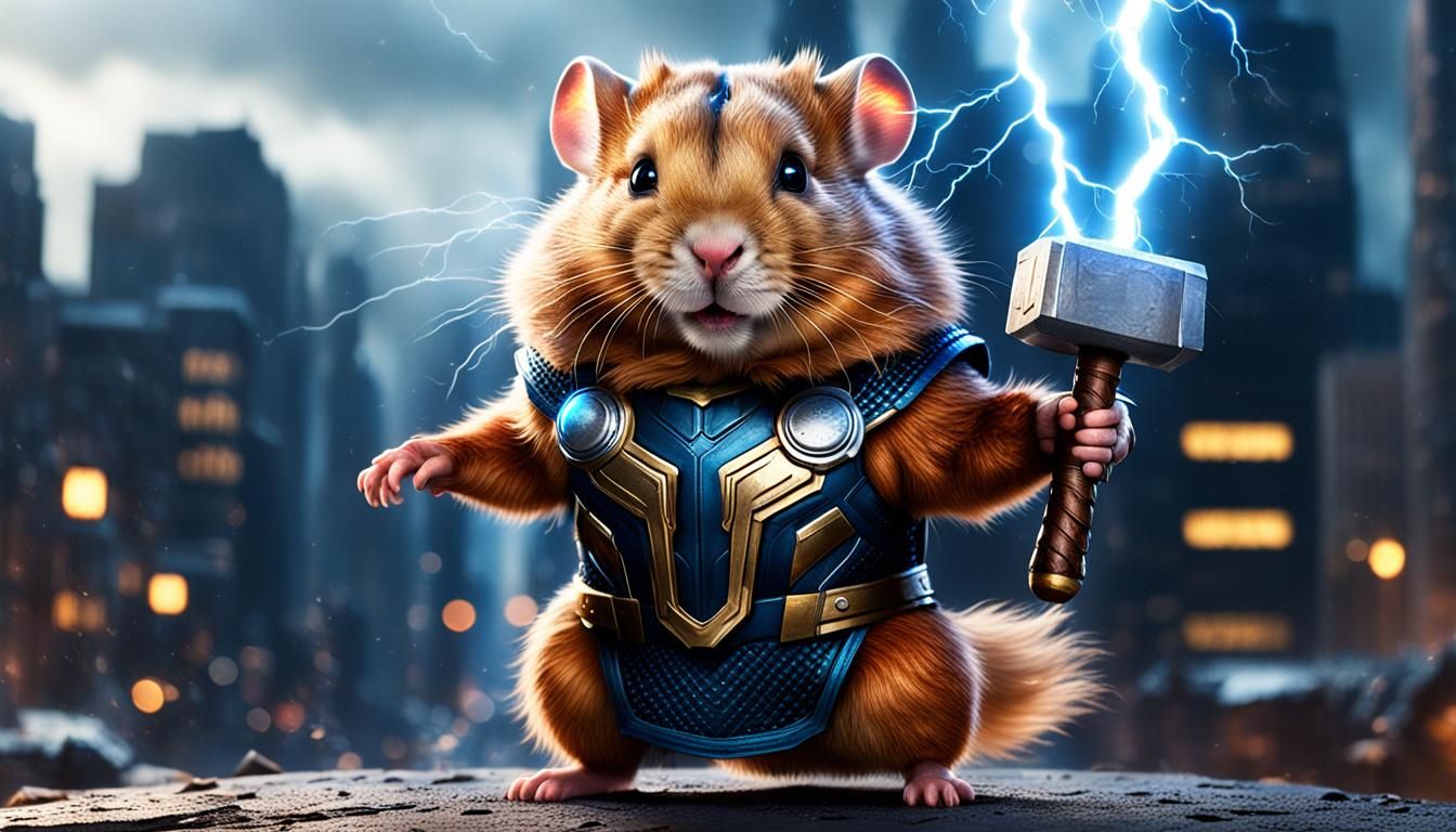 Hamster Superhero Fusion with Thor's Hammer