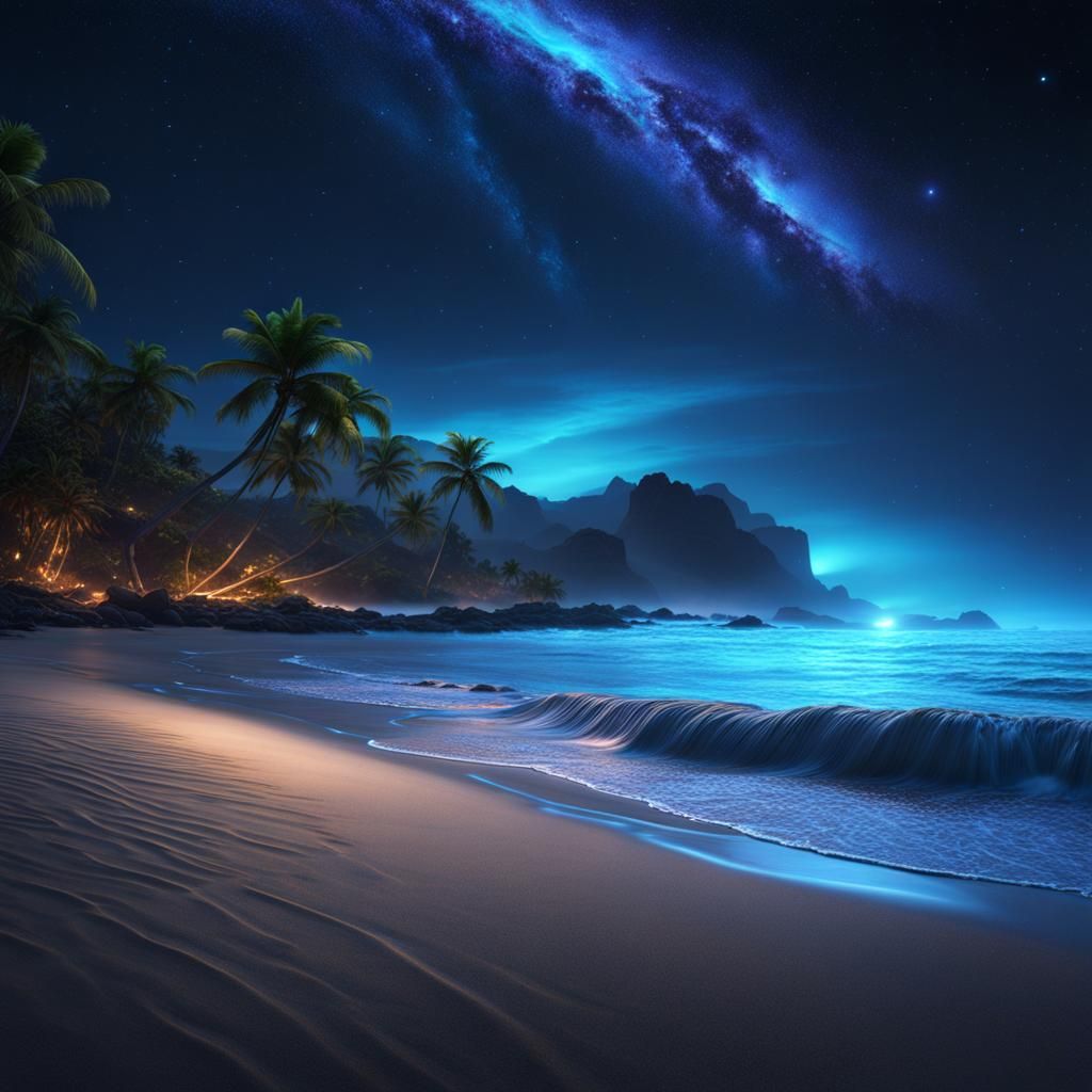 Bioluminescent Waves Under Tropical Stars