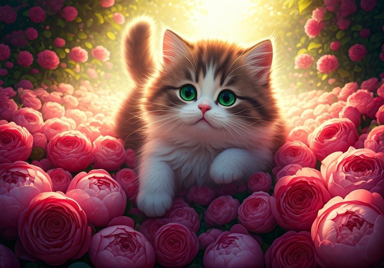 Fluffy Kitten in Flowers, Hyper-Detailed 3D CGI