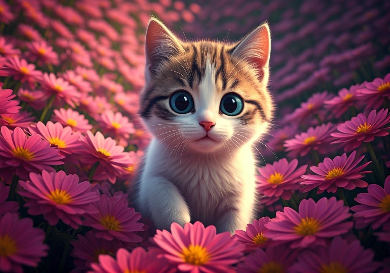 Adorable Kitten Frolicking in Pink Flower Garden