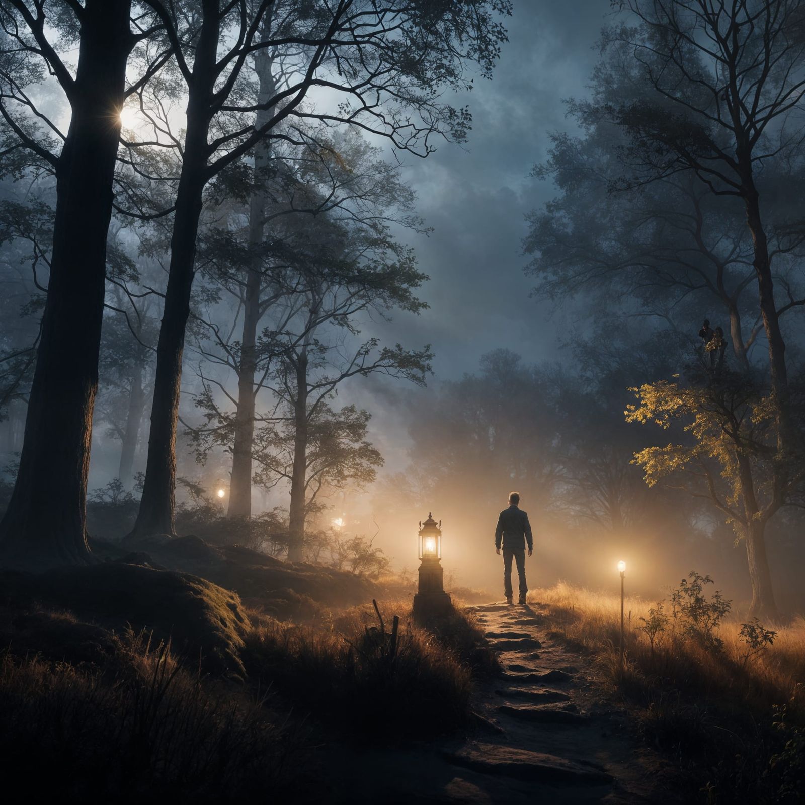 Boy with Lantern in Foggy Forest at Night