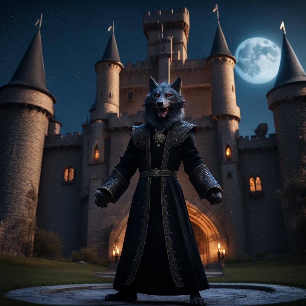 Anthro Wolf in Black Robe at Medieval Castle