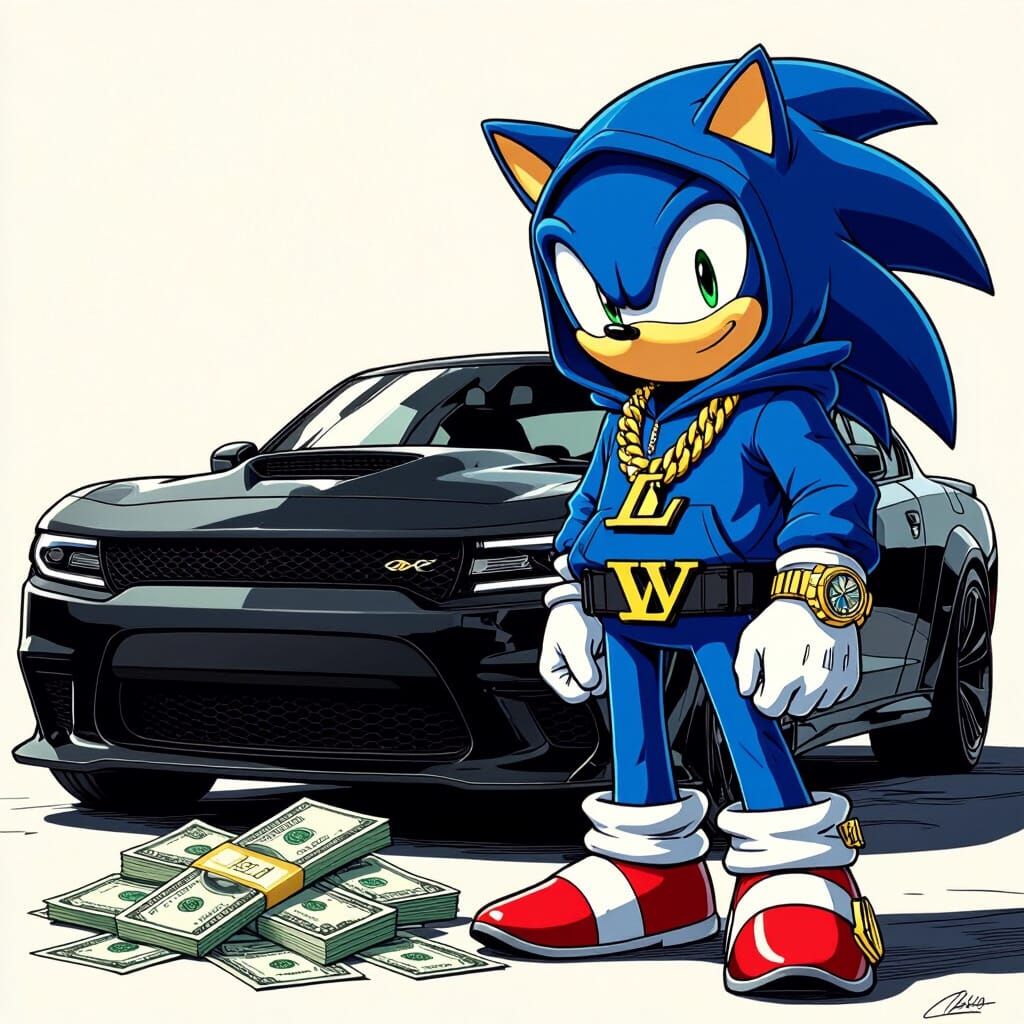 Sonic the Hedgehog Dressed in Luxury with Dodge Charger