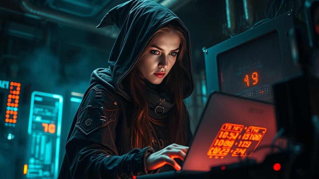 Cyberpunk Witch Hacking a Computer Mainframe