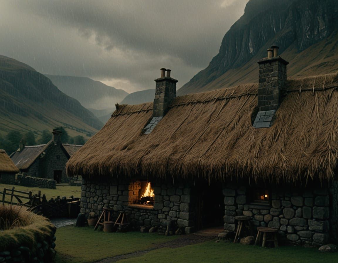 Scottish Highlands Forge in Moody Oil Painting Style