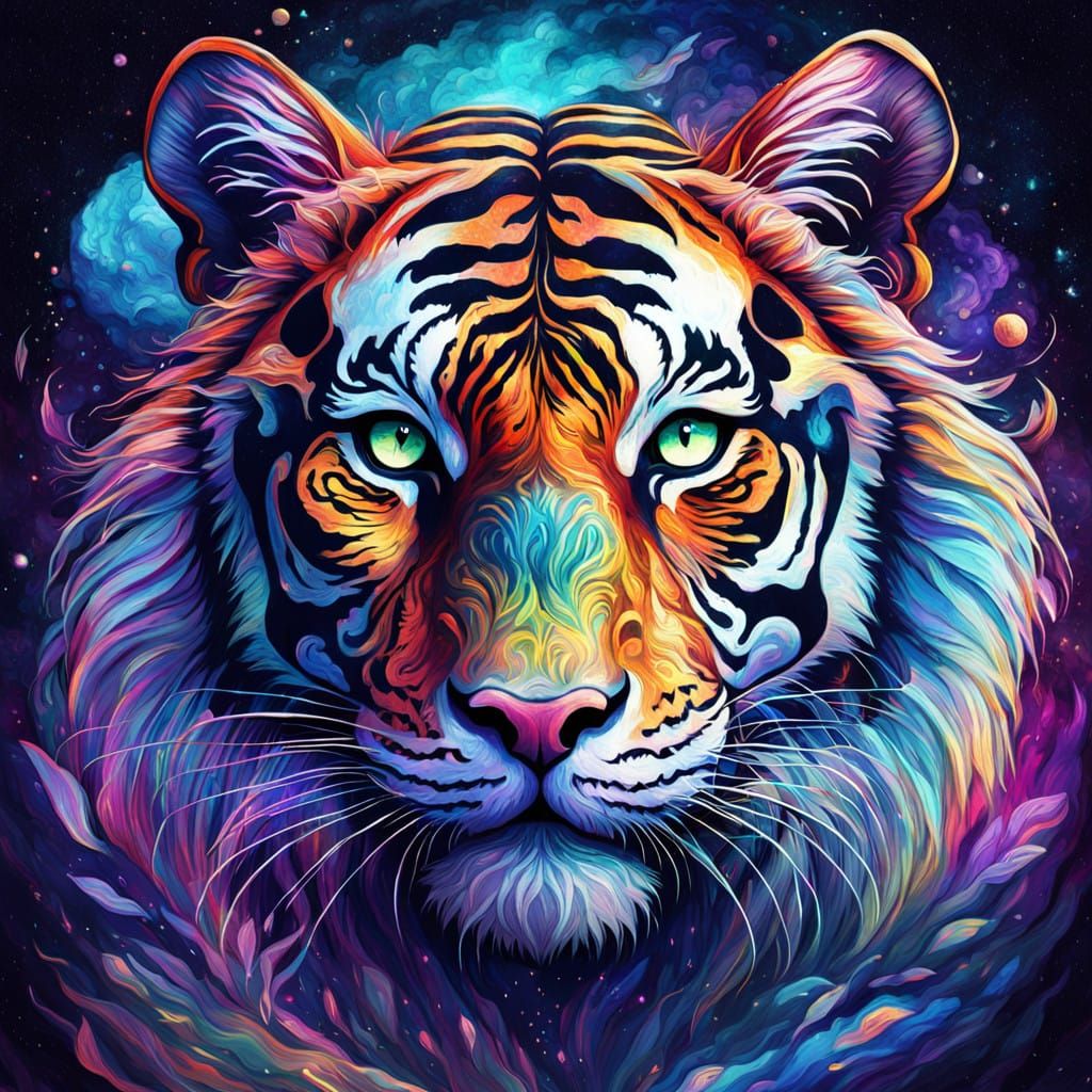 Majestic Tigers in Cosmic Dreamscape