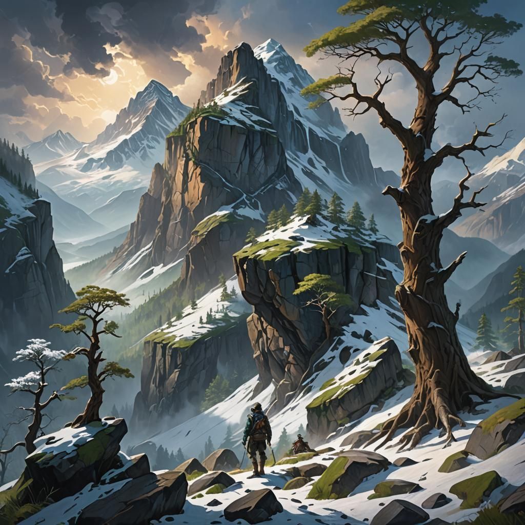 Majestic Mountain Scene with Rangers, Matte Painting