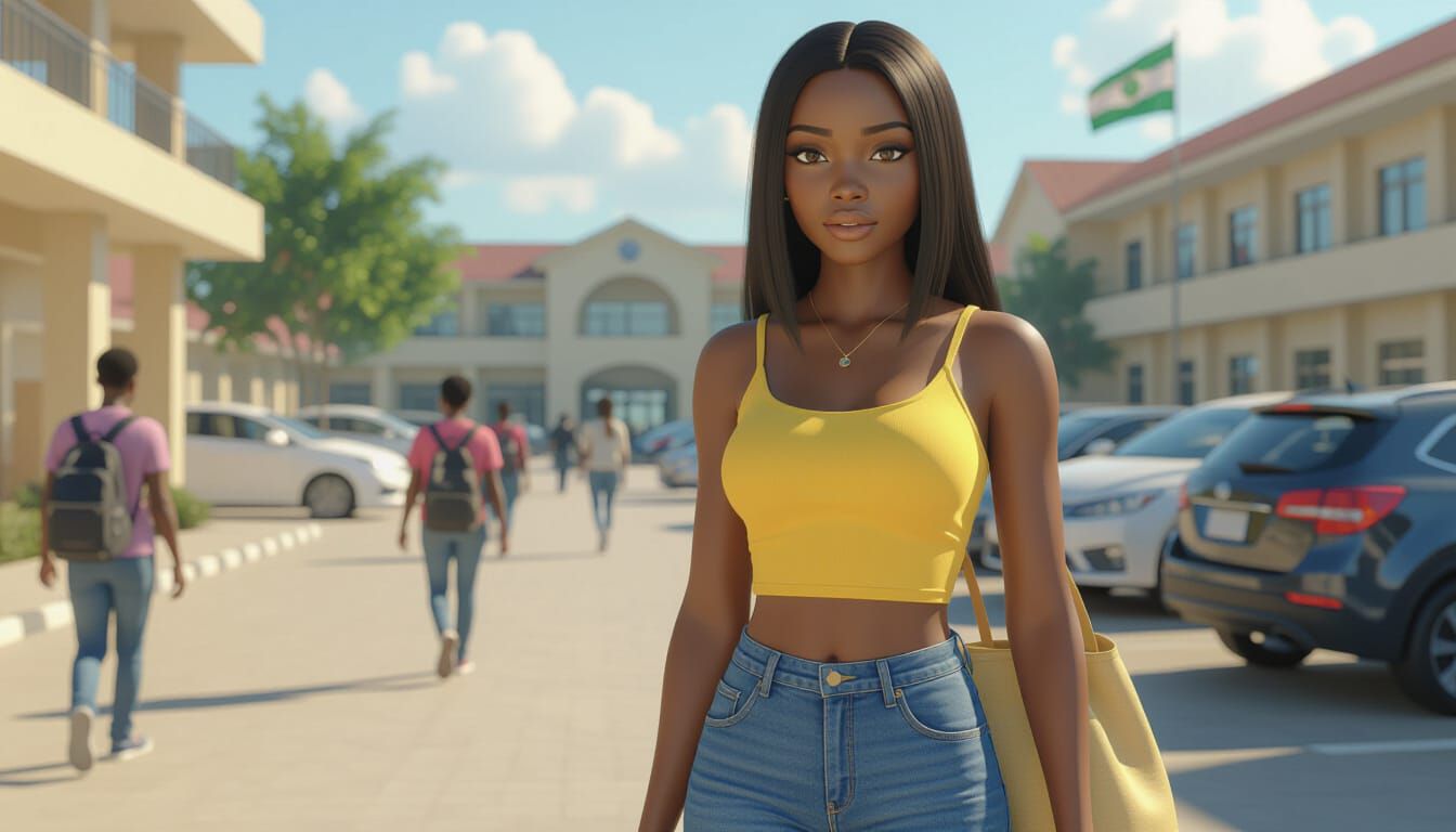 African Woman In University Compound, Hyperrealistic Animate...