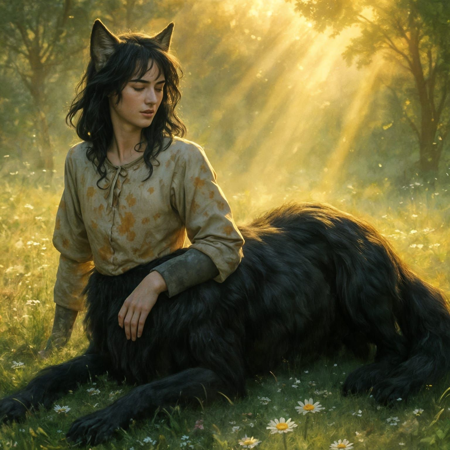 Majestic Wolf Centaur in Sun-Drenched Meadow