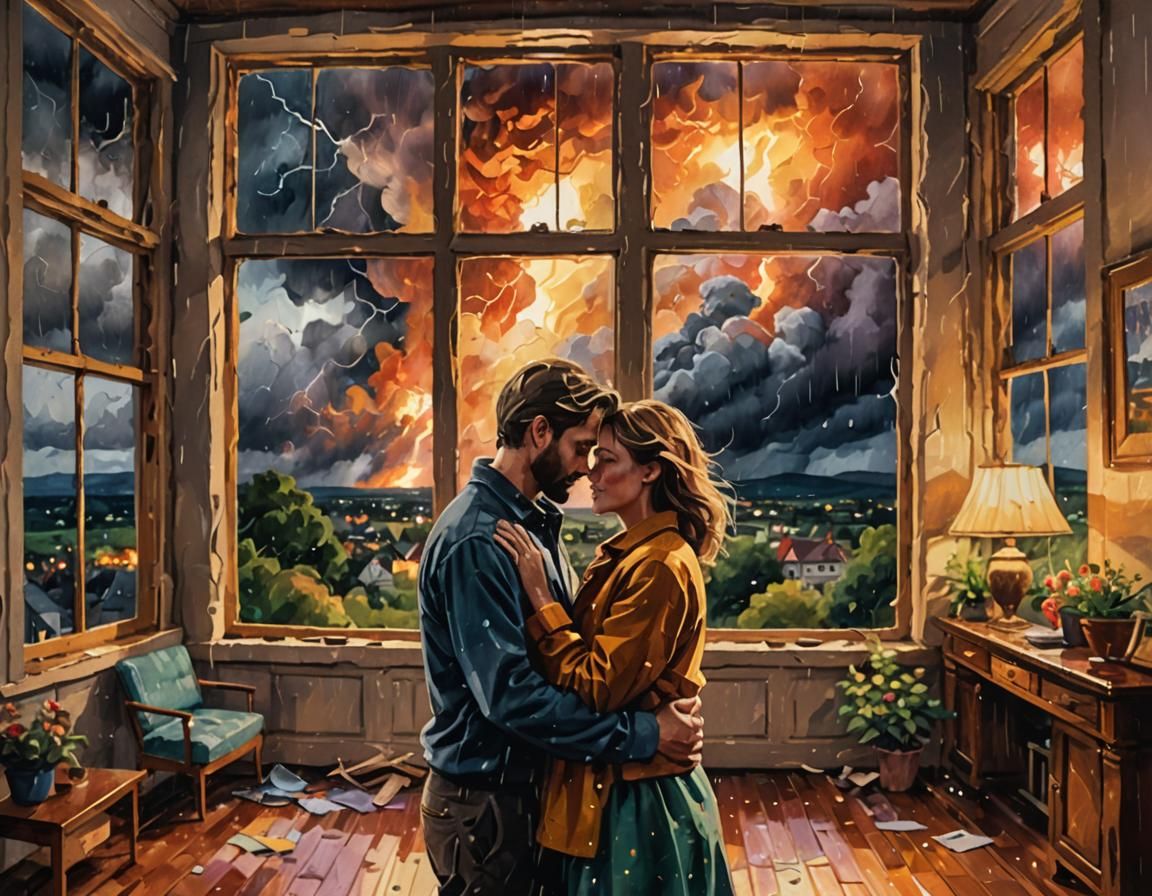 Impressionist Couple Embrace During Explosive Storm