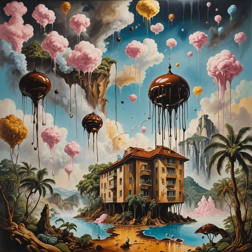 Jungle Hotel with Chocolate Rain, Surrealist Painting