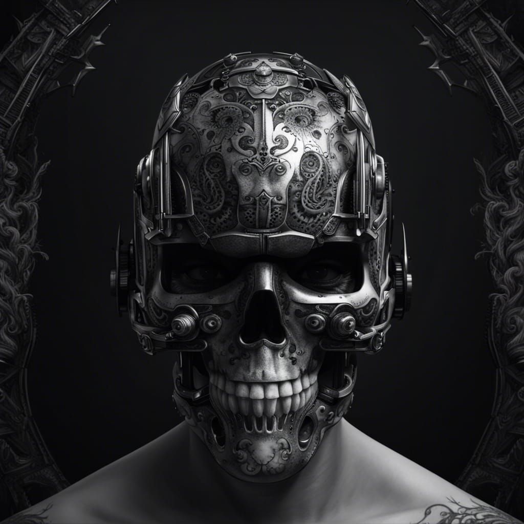 Skull and Robot Tattoo in Black and White