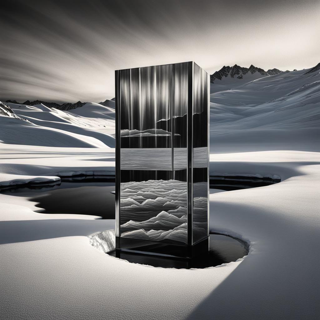 Evolving Ice Landscape Sculpture in Charcoal Sketch Style