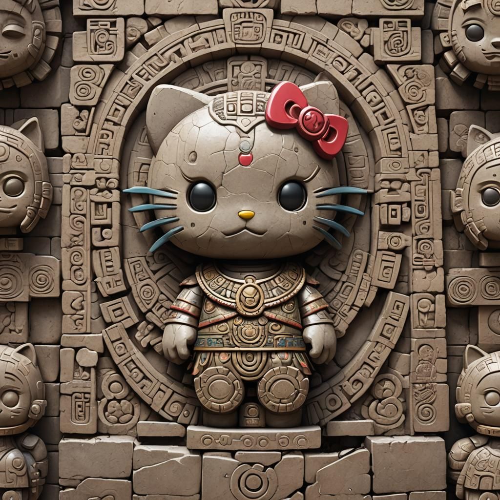 Hello Kitty Hieroglyphs on Mayan Temple Walls