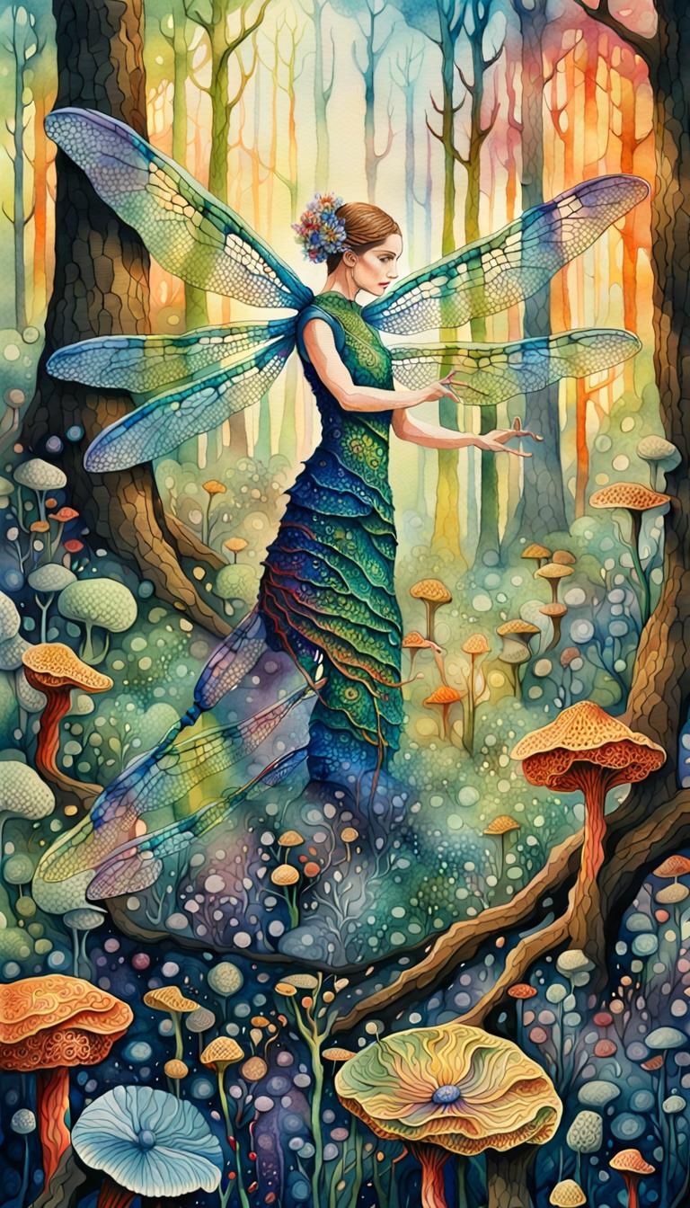 Dragonfly Woman Dancing in Forest: Watercolor Painting