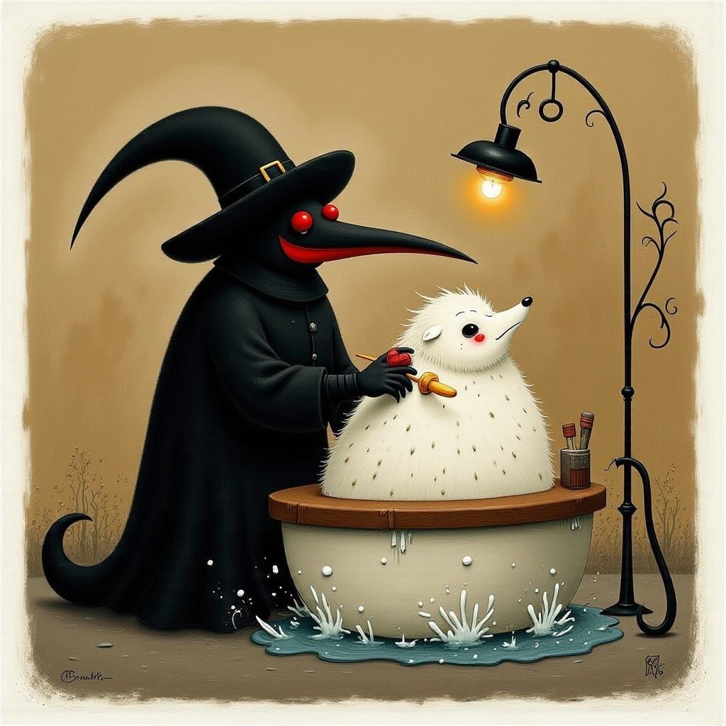 Plague Doctor Bathes Cute Puppy in Storybook Style