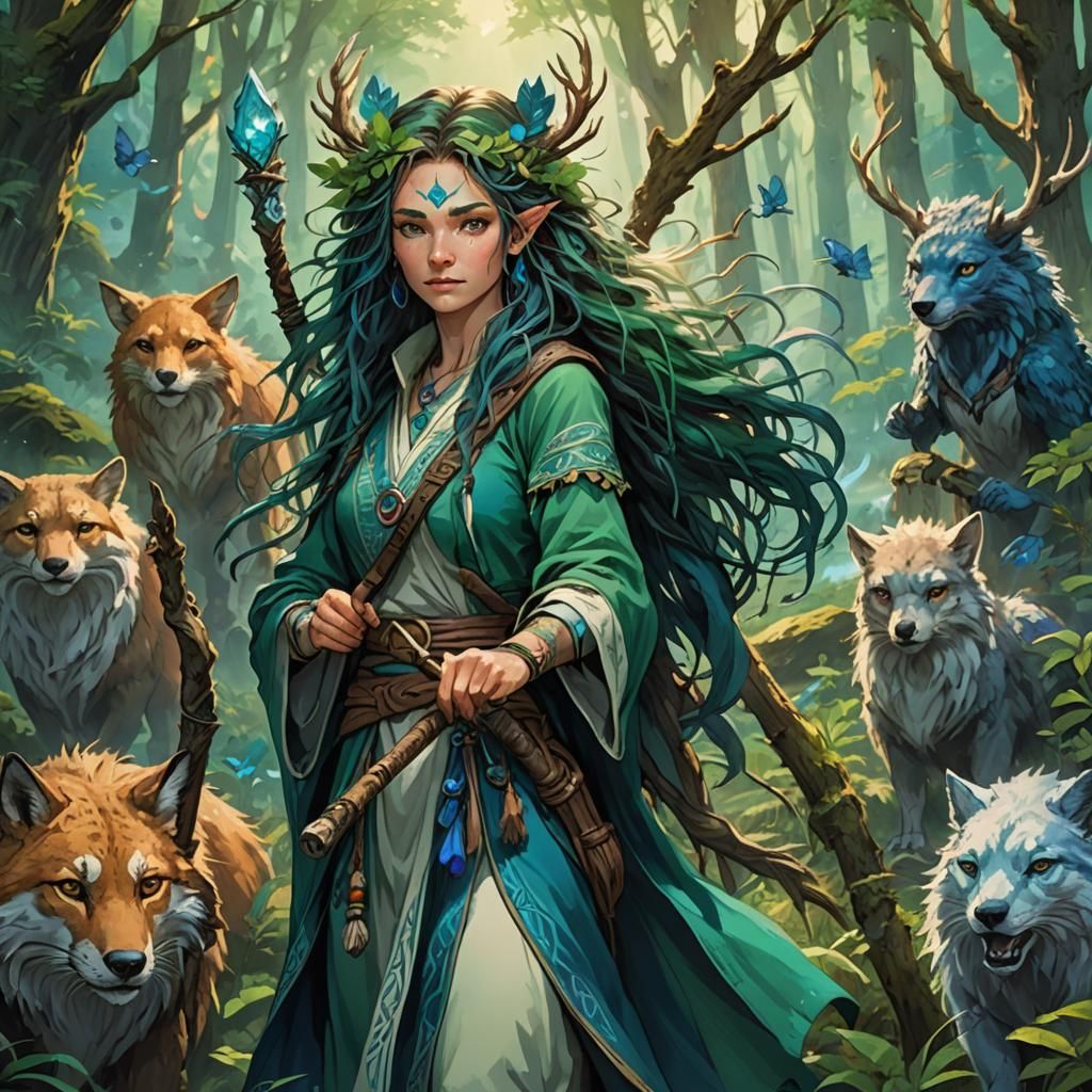 Female Druid in Forest, Miyazaki-Inspired Matte Painting