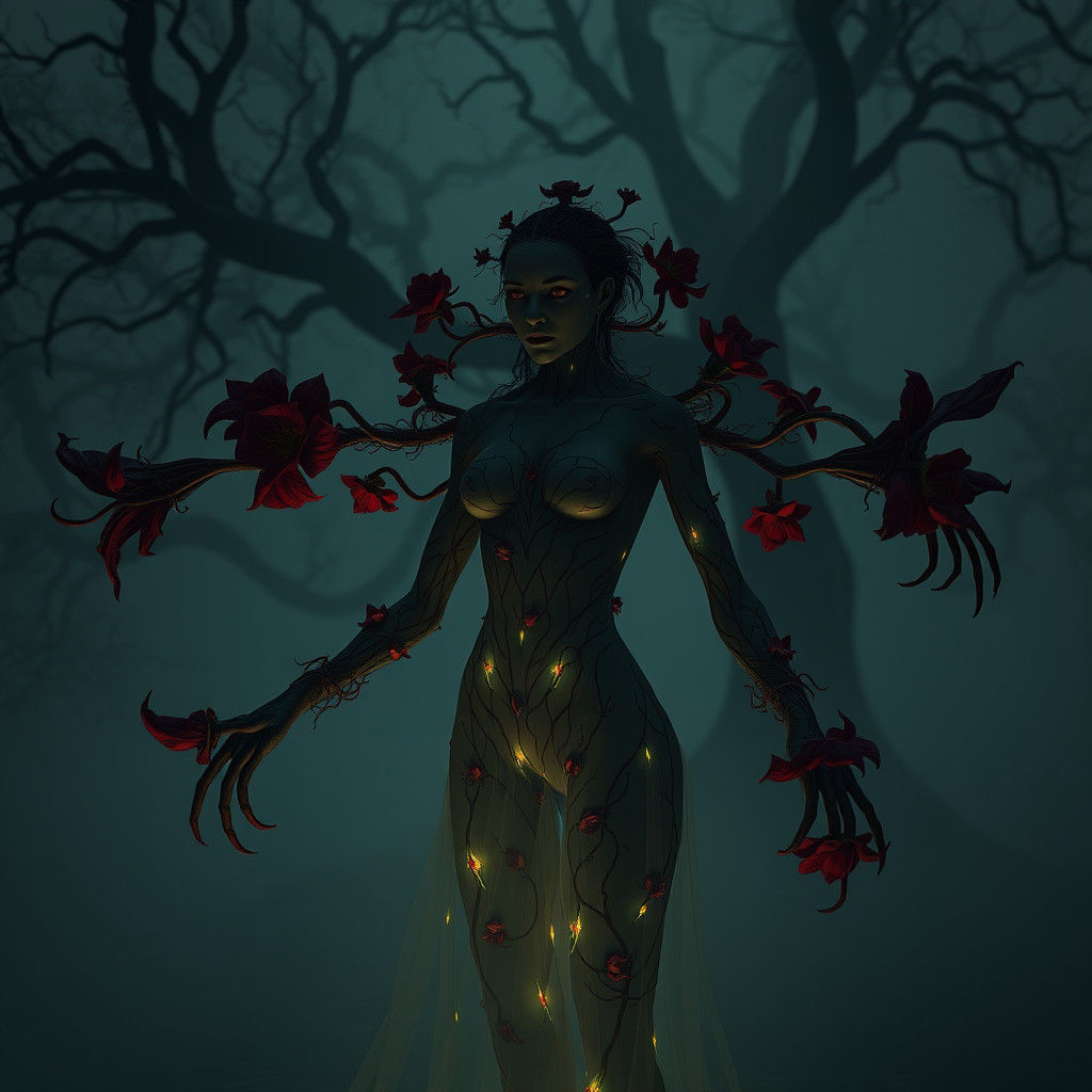 Botanical Hybrid in Misty Swamp, Dark Conceptual Art