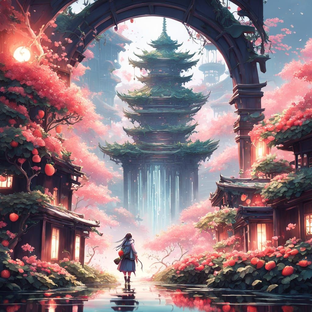 Delicate Strawberries in Antique Japanese Garden