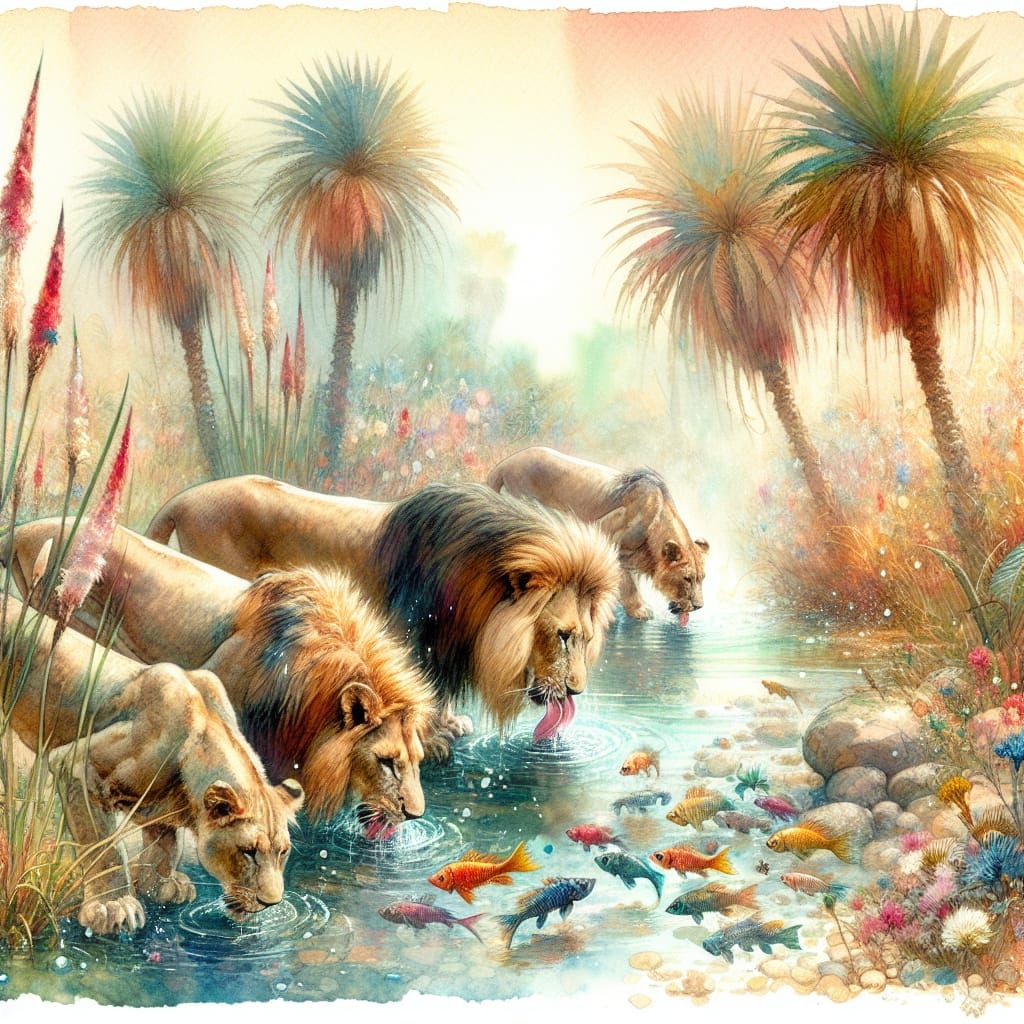 Elegant Lions Quench Thirst: Watercolor and Pastel Sketch