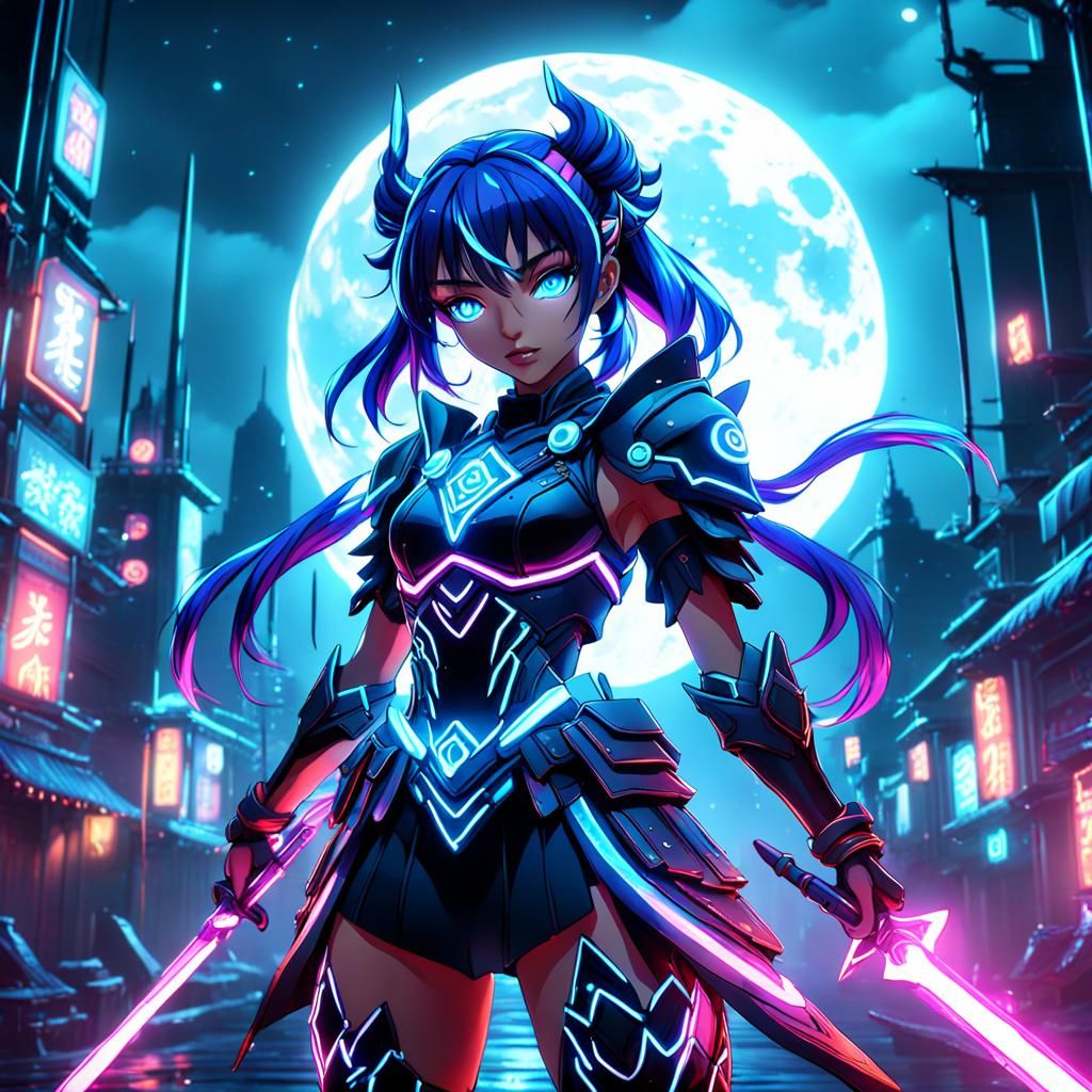 Neon Warrior Girl in Anime Style Moonlight