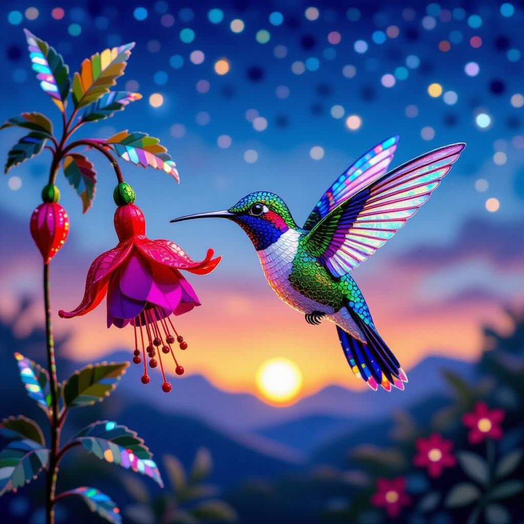 Iridescent Beadwork Hummingbird and Felt Fuchsia Flower