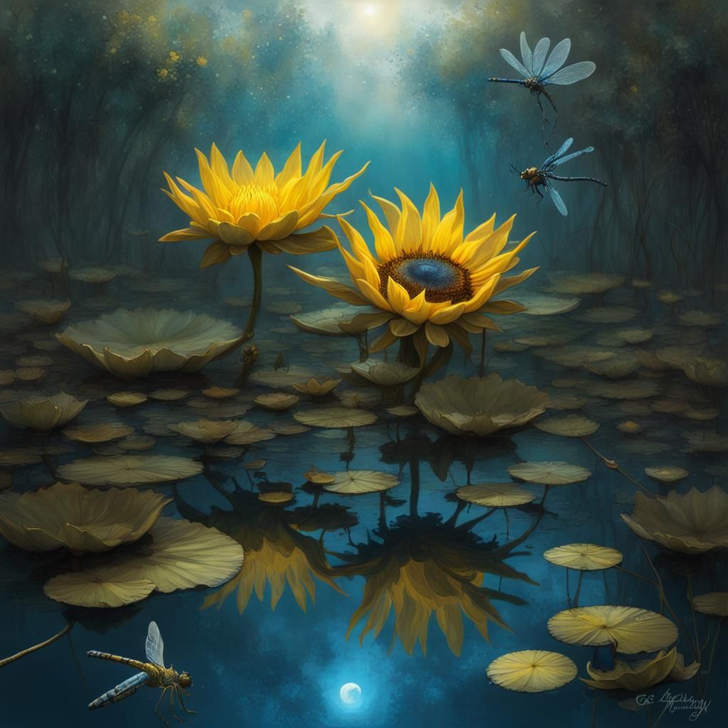 Sunflower Lotus Blossom Mirrored: Neo-Romantic Style