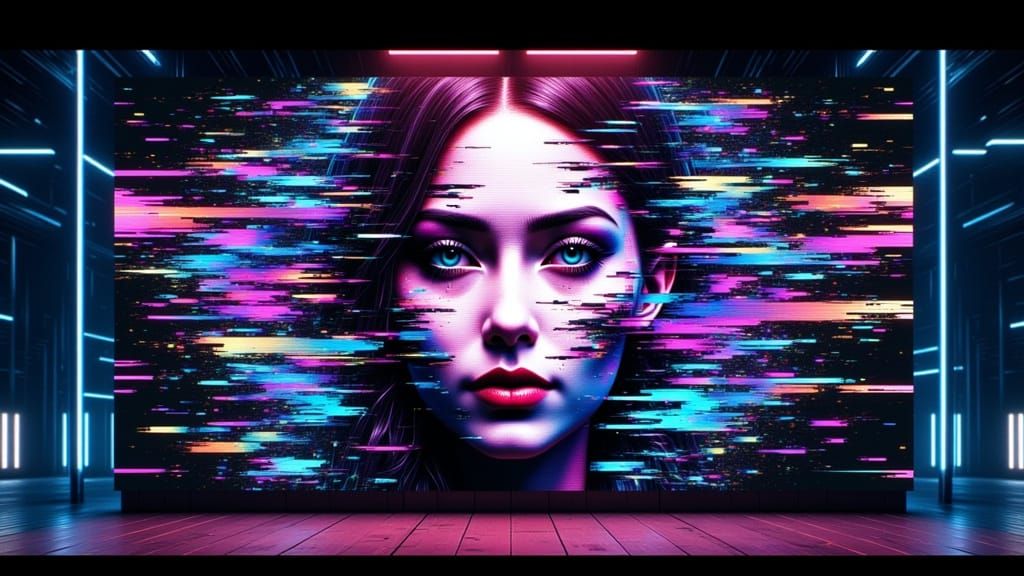 Distorted Digital Face in Neon-Lit Chaos