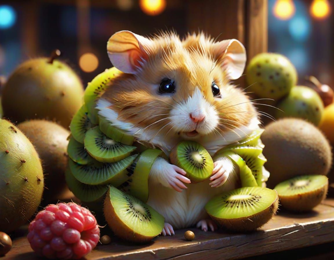 Whimsical Kiwi Hamster in a Fruit Seller's Shop