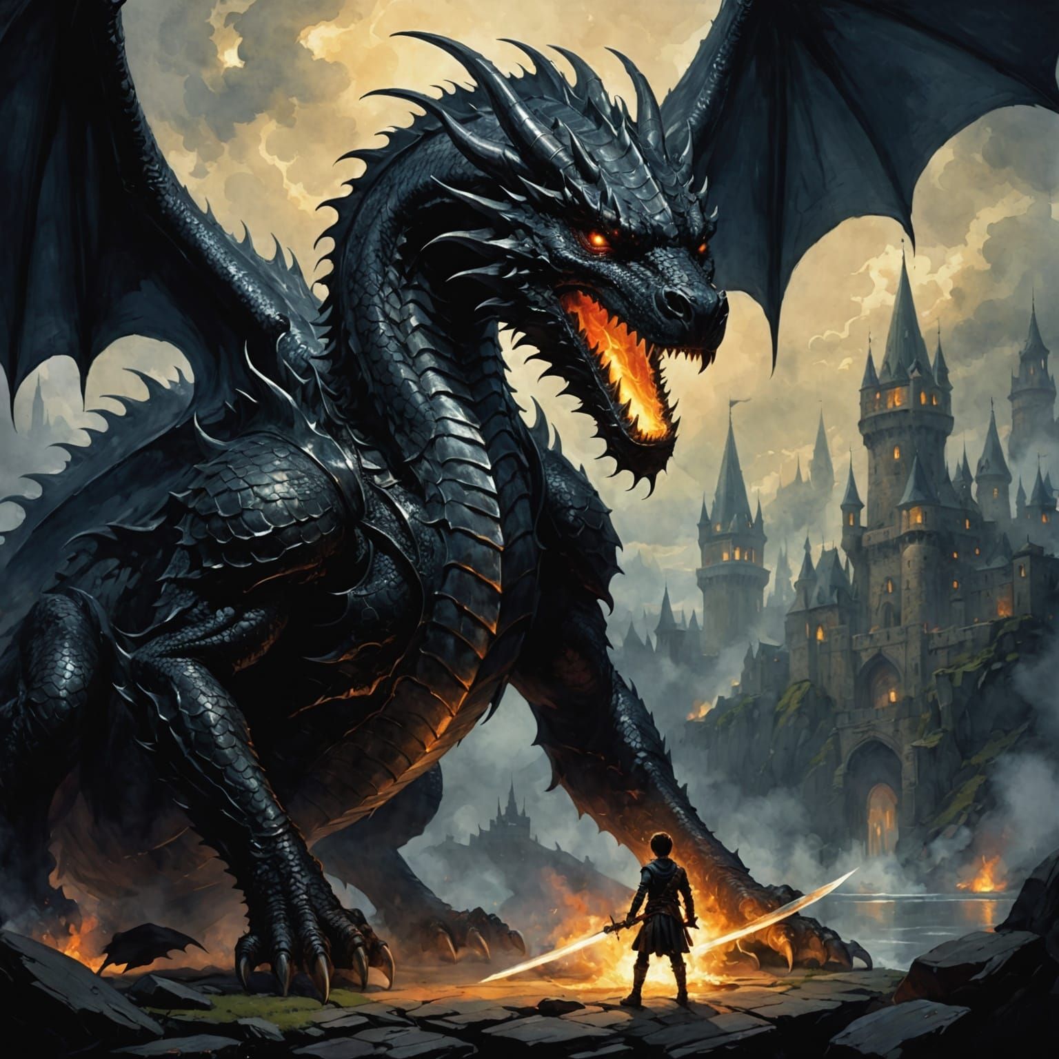 Dragon Confronts Brave Young Warrior in Chiaroscuro Watercol...