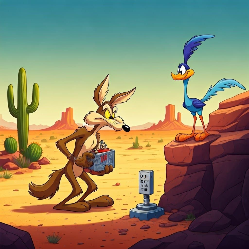 Looney Tunes Coyote Meets Desert Danger Sign in Vibrant Cart...