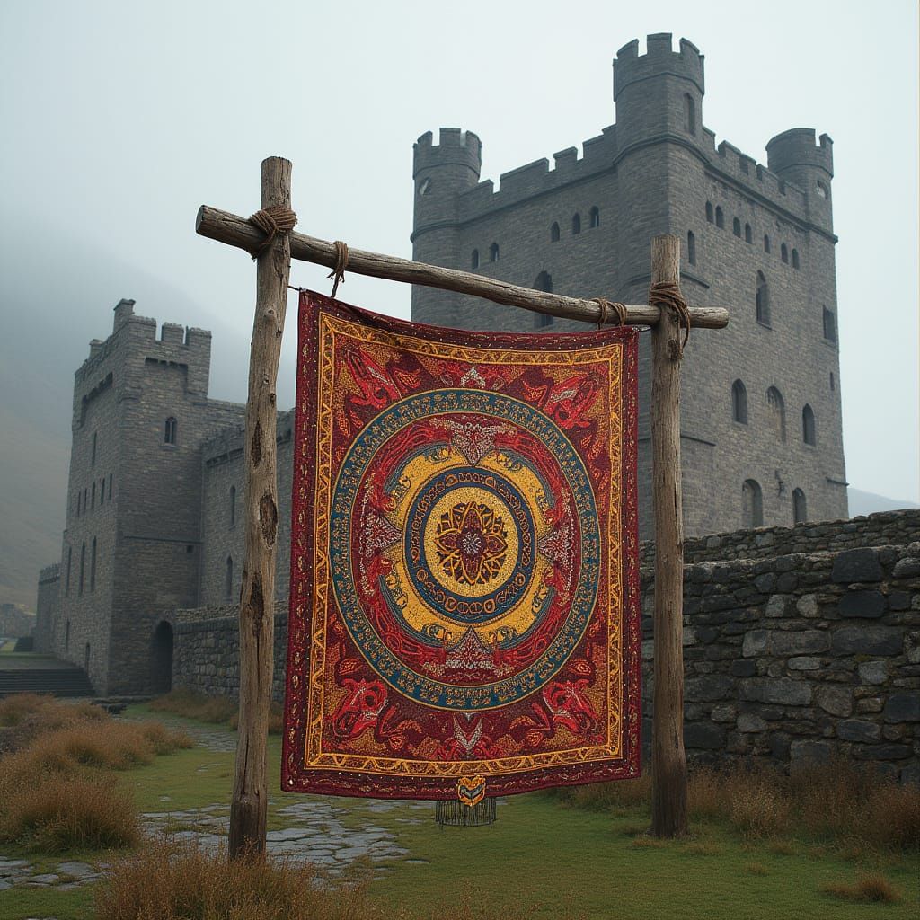 Majestic Scottish Tapestry Suspended in Dramatic Castle Sett...