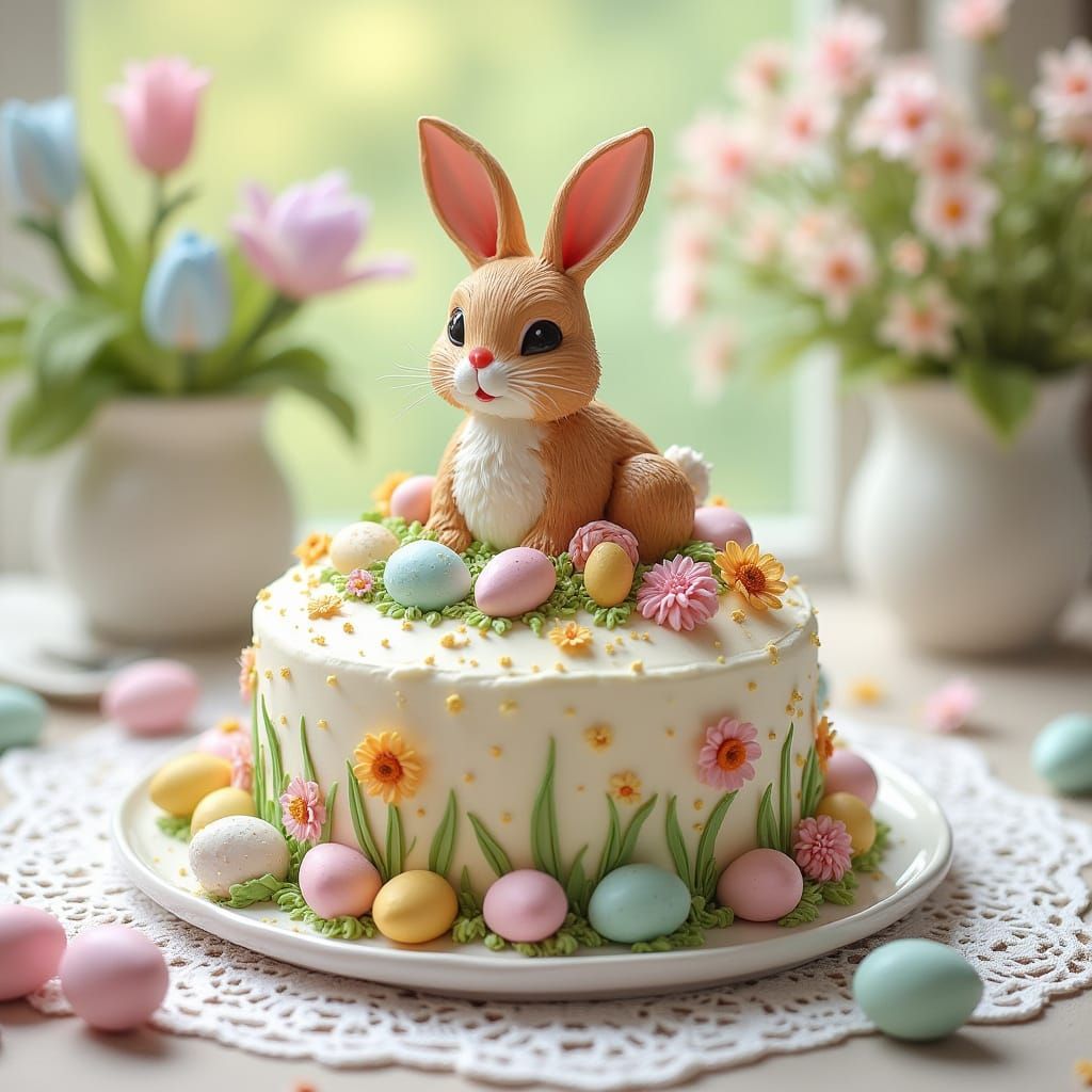 Whimsical Easter Bunny Cake in Classic Children's Book Style
