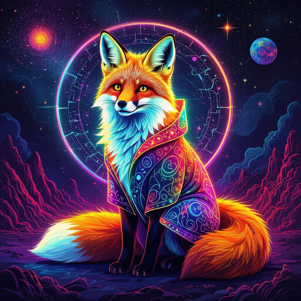 Vibrant Neon Fox in Holographic Cosmic Scene