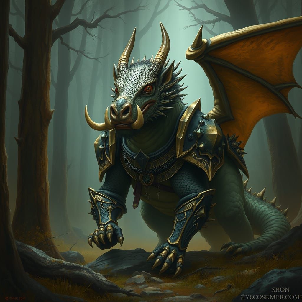 Armored Boar-Headed Dragon in Mystical Forest