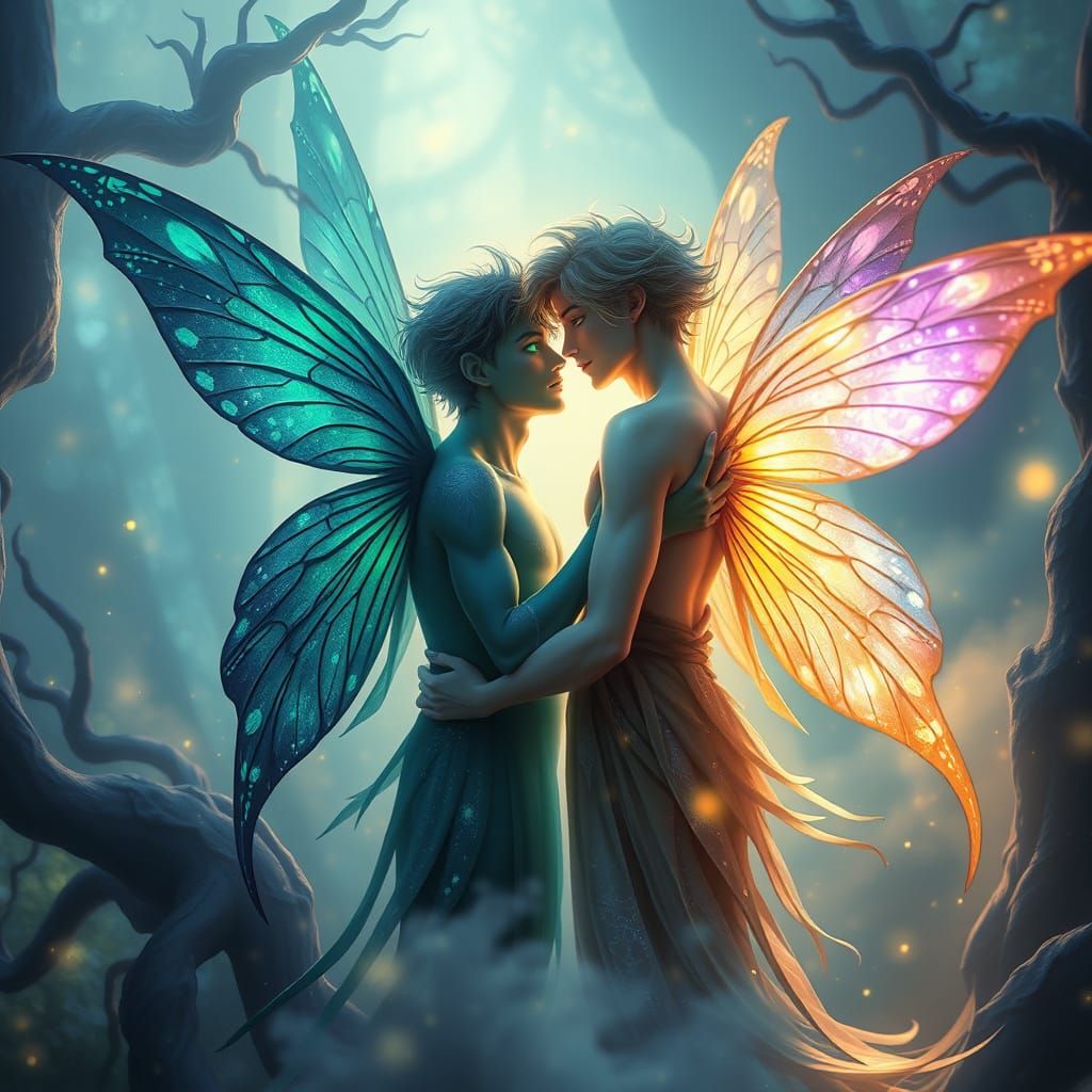 Ethereal Males Embracing in Whirlwind of Iridescent Mist