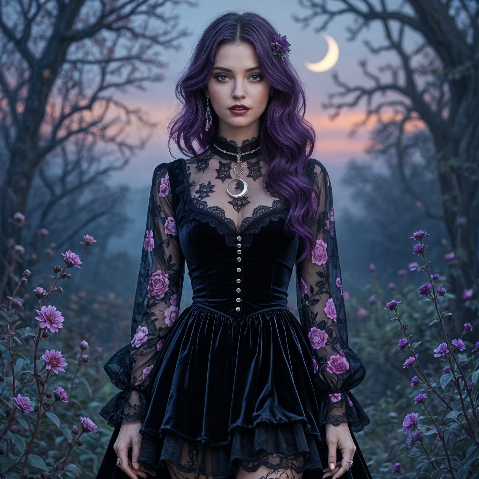 Whimsical Goth Woman in Velvet Dress and Platform Boots