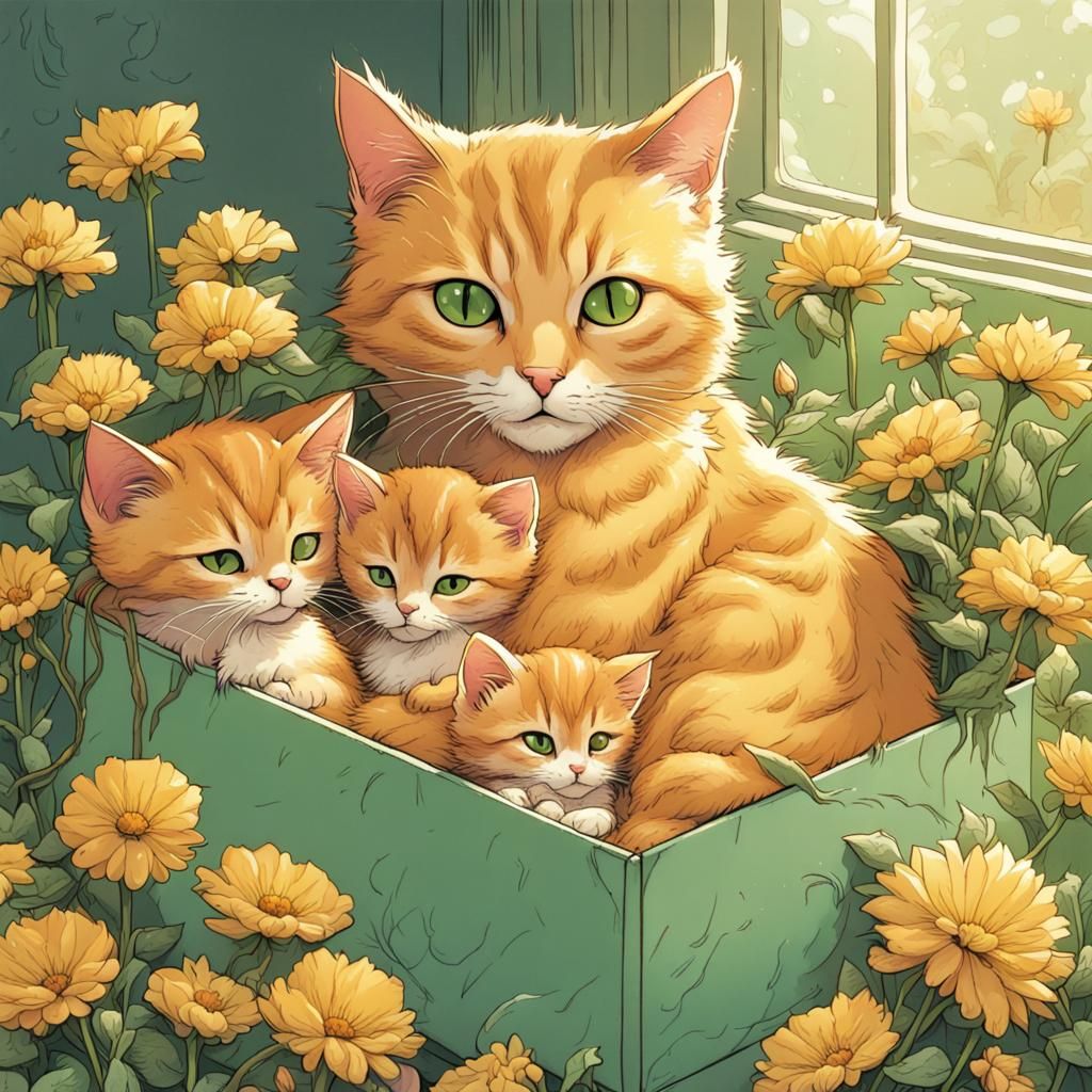 Tabby Cat and Newborn Kittens: Comic Book Art