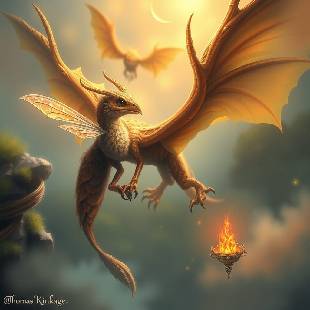 Ethereal Bird-Bee-Dragon in a Hyperdetailed Fantasy Scene