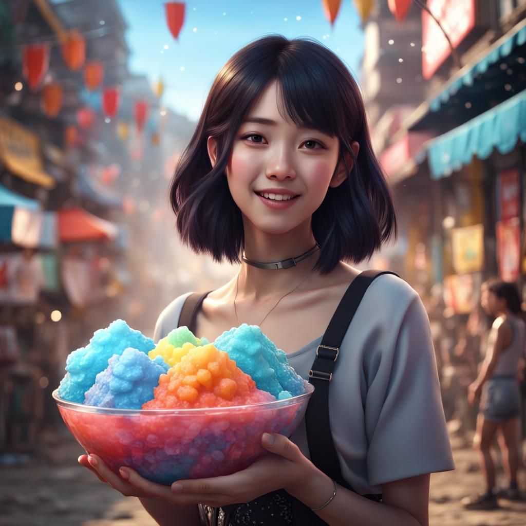 Happy Dark-Haired Girl with Shaved Ice, Detailed Matte Paint...