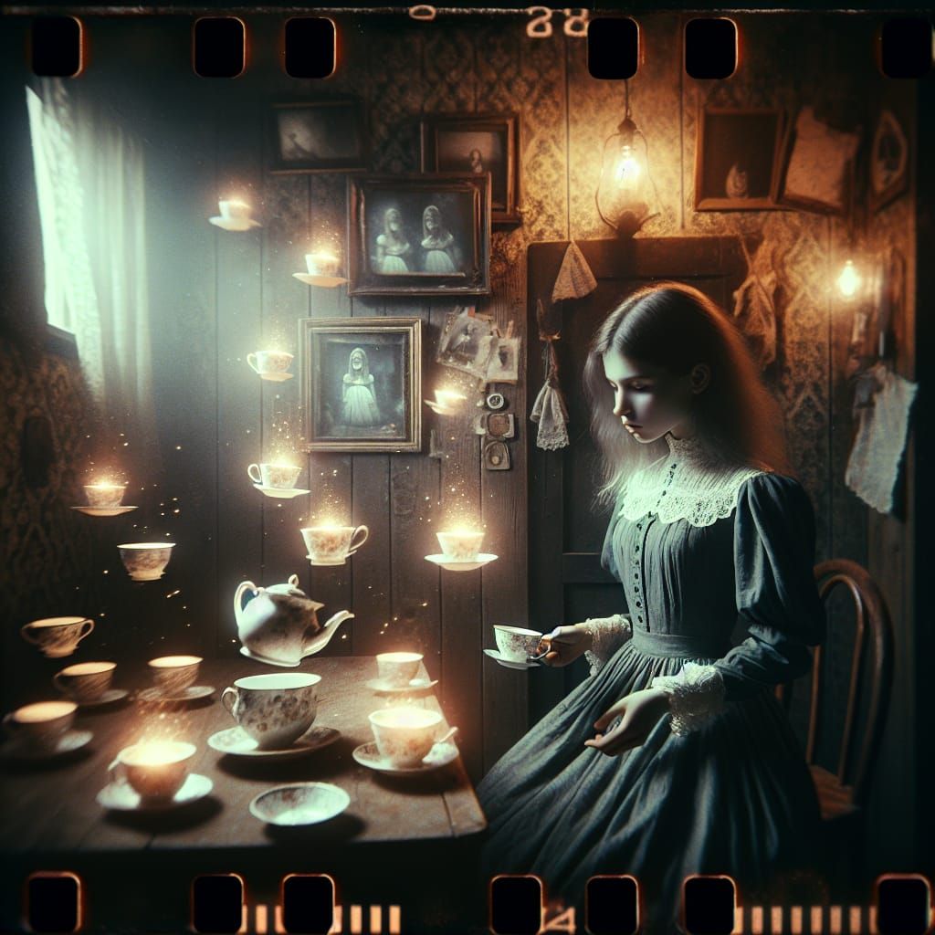 Victorian Gothic Girl with Floating Teacups