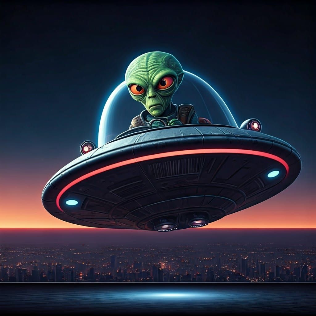 Flying Car with Alien Driver in Retro Sci-Fi Style