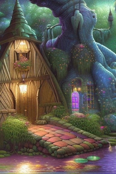 Magical Wizard's Hut in Swamp, Digital Oil Painting