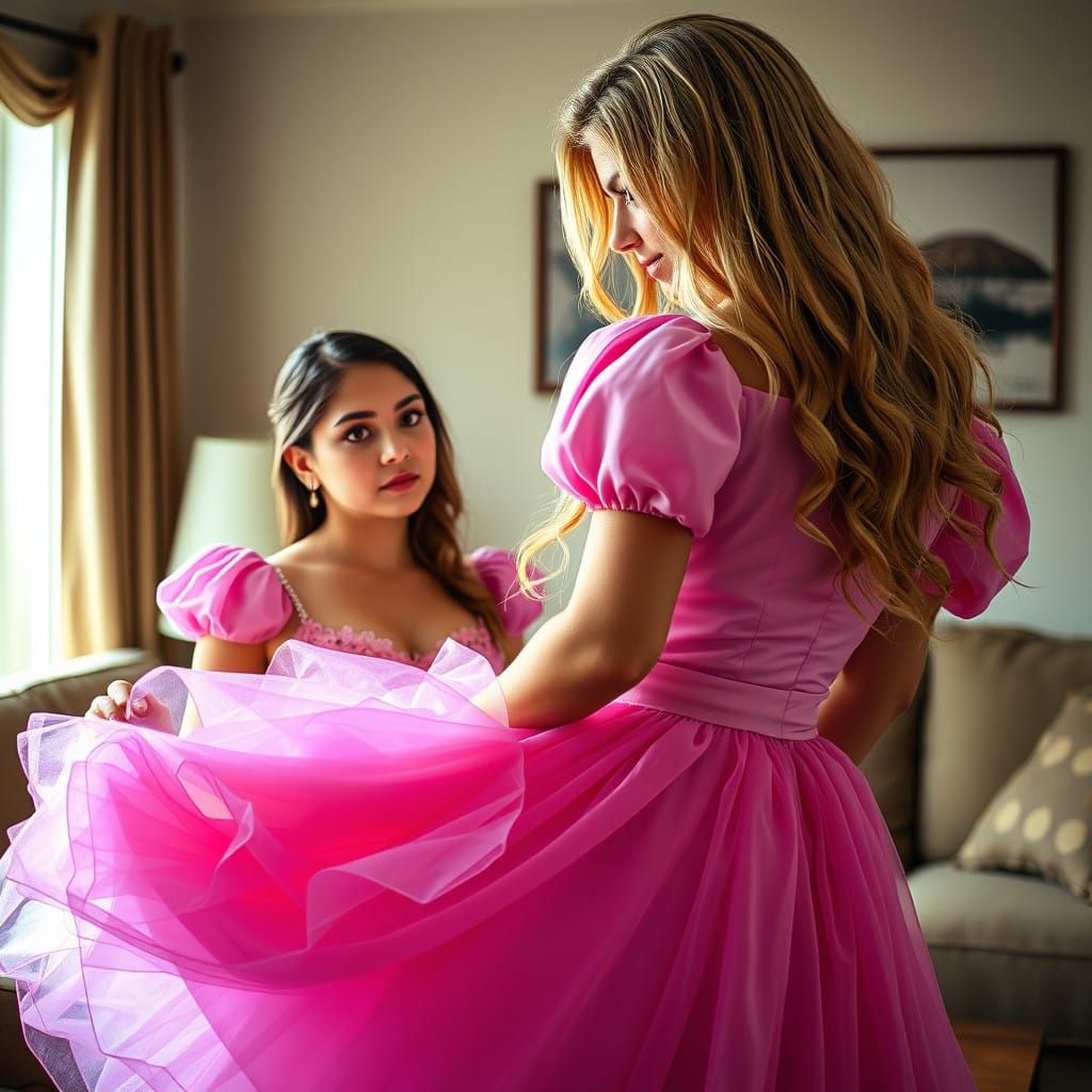 Young Woman Observes Man in Quinceanera Dress