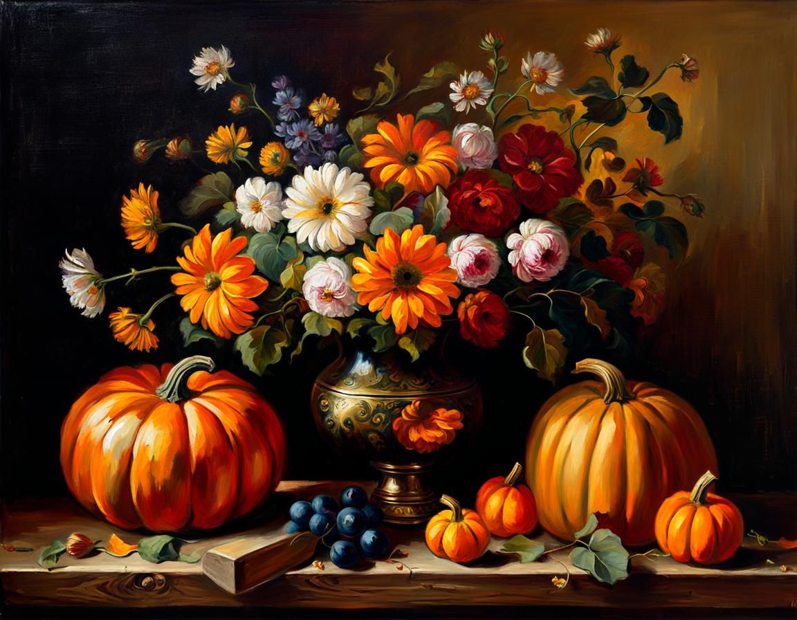 Baroque Still Life: Flowers and Pumpkin Oil Painting