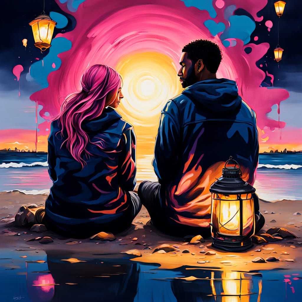 Couple on Beach in Vibrant Graffiti Art Style