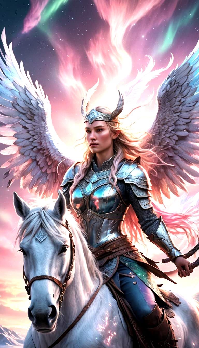 Valkyrie Astrid on Pegasus Under Northern Lights