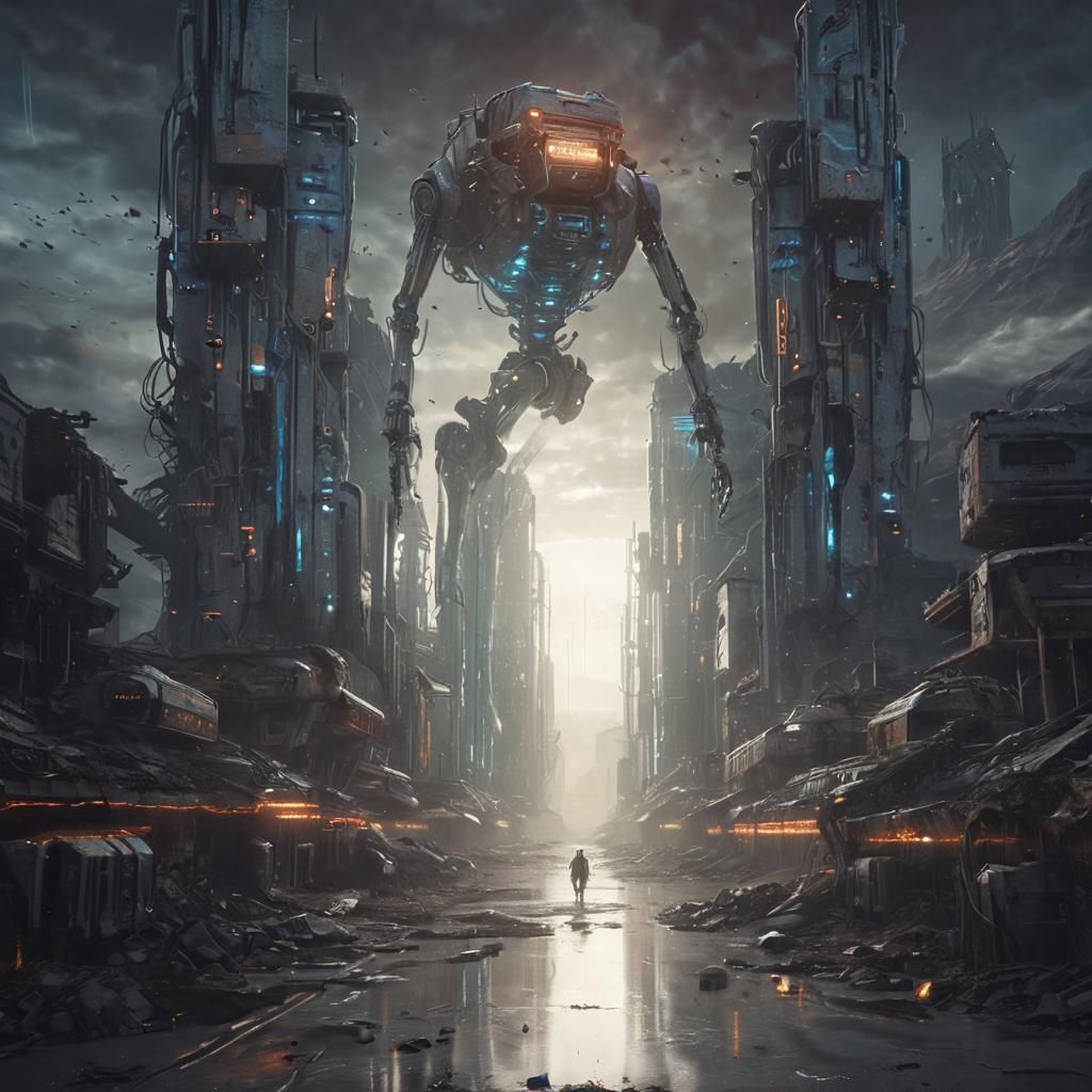 Futuristic Robot in Dystopian Sci-Fi Landscape
