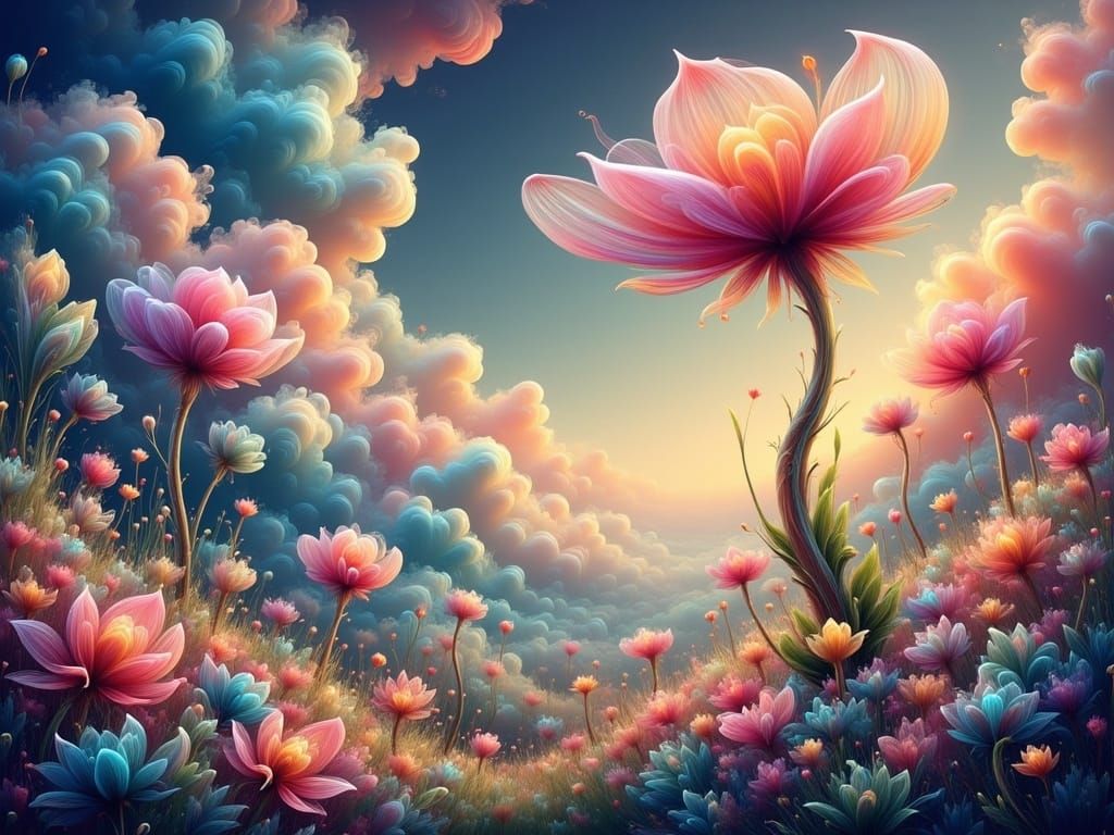 Whimsical Flowerpunk Landscape in Ethereal Glow